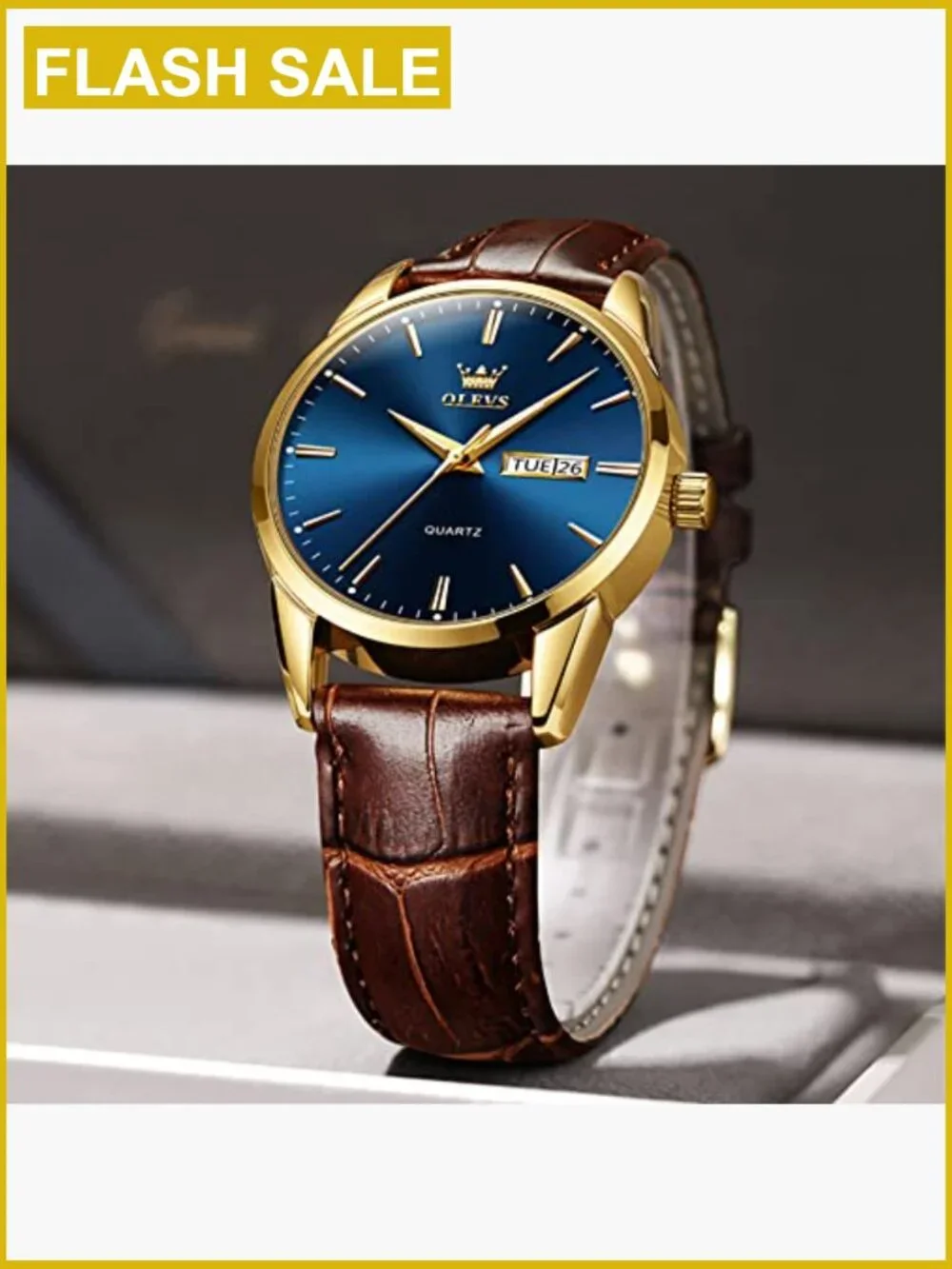 Mens Dress Watch Brown Leather Band Quartz Waterproof Gold Case 38MM Day Date